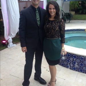 Hunter green and black lace long sleeve dress